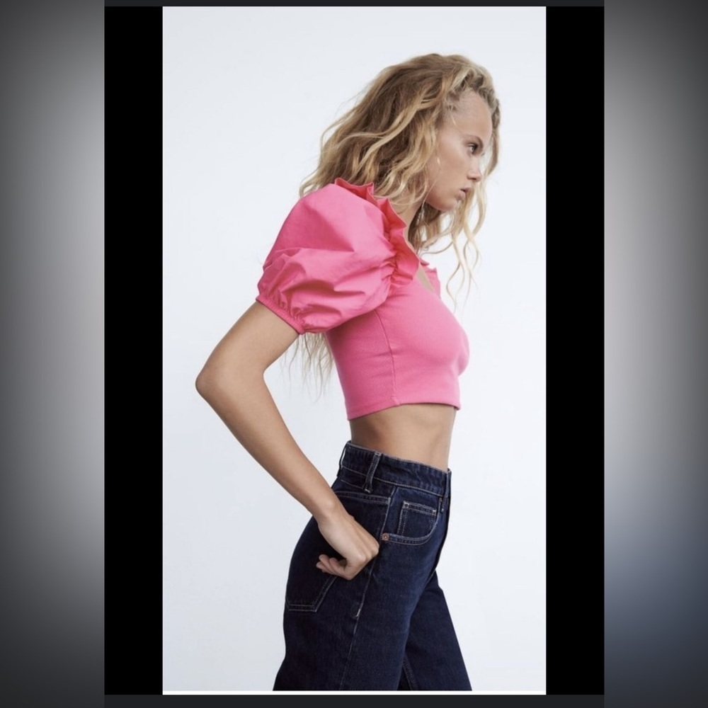 ZARA Pink Puff Balloon Sleeve Ribbed Crop Top Sz S Ruffle Feminine - Picture 10 of 12
